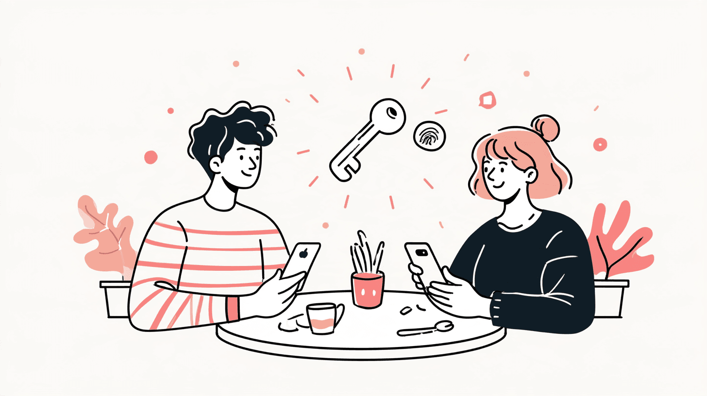 Illustrazione a linee: due ragazzi al tavolo con il telefono in mano, sopra di loro una grande chiave e un’impronta digitale.