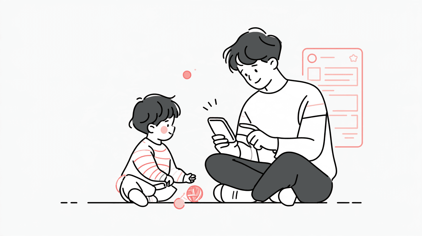 Illustrazione editoriale a linee: genitore seduto accanto al bambino che gioca, guarda lo smartphone prima di condividere, sagoma di un feed social, accenti corallo su fondo off-white — senza testo leggibile.