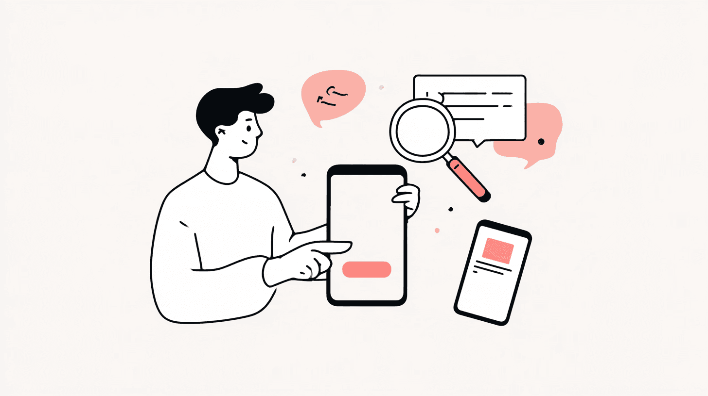 Illustrazione a linee: un ragazzo con il dito sul tasto di condivisione di un telefono, accanto una lente d’ingrandimento su un messaggio e un secondo telefono.
