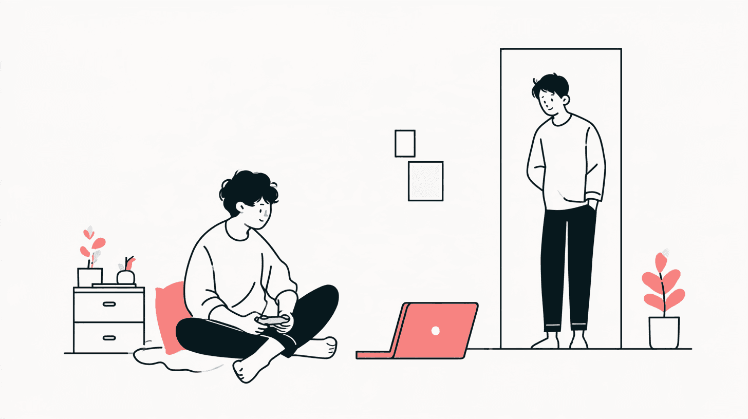 Illustrazione editoriale a linee: ragazzo seduto sul pavimento con il controller, genitore tranquillo sulla porta, accenti corallo su fondo off-white — senza testo leggibile.