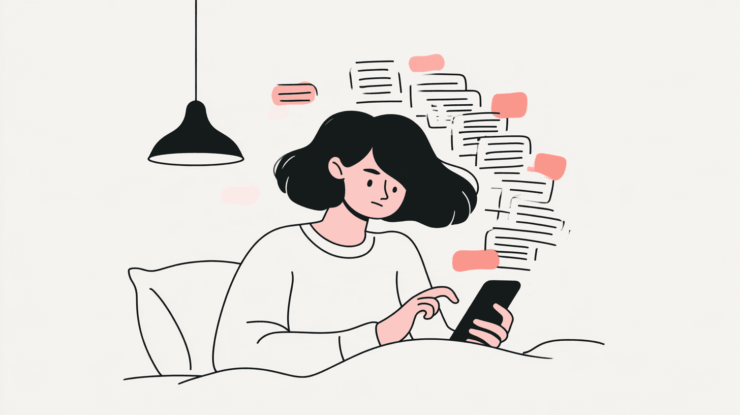 Illustrazione editoriale a linee: giovane a letto di notte che scorre lo smartphone, arco di card e bolle coral dal display, lampada, charcoal su off-white — senza testo leggibile.