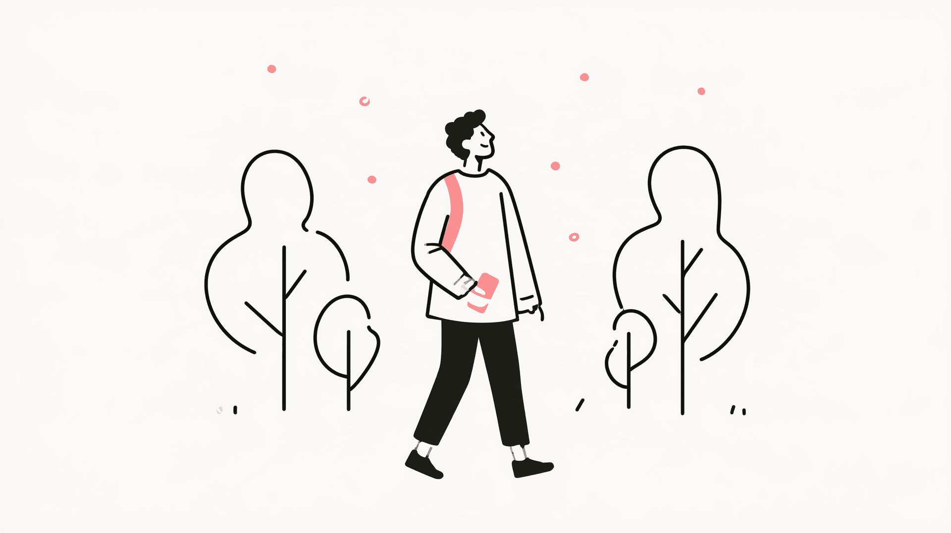 Illustrazione editoriale a linee: giovane in passeggiata al parco che guarda in alto, telefono ignorato o fuori fuoco, accenti corallo, charcoal su off-white — senza testo leggibile.