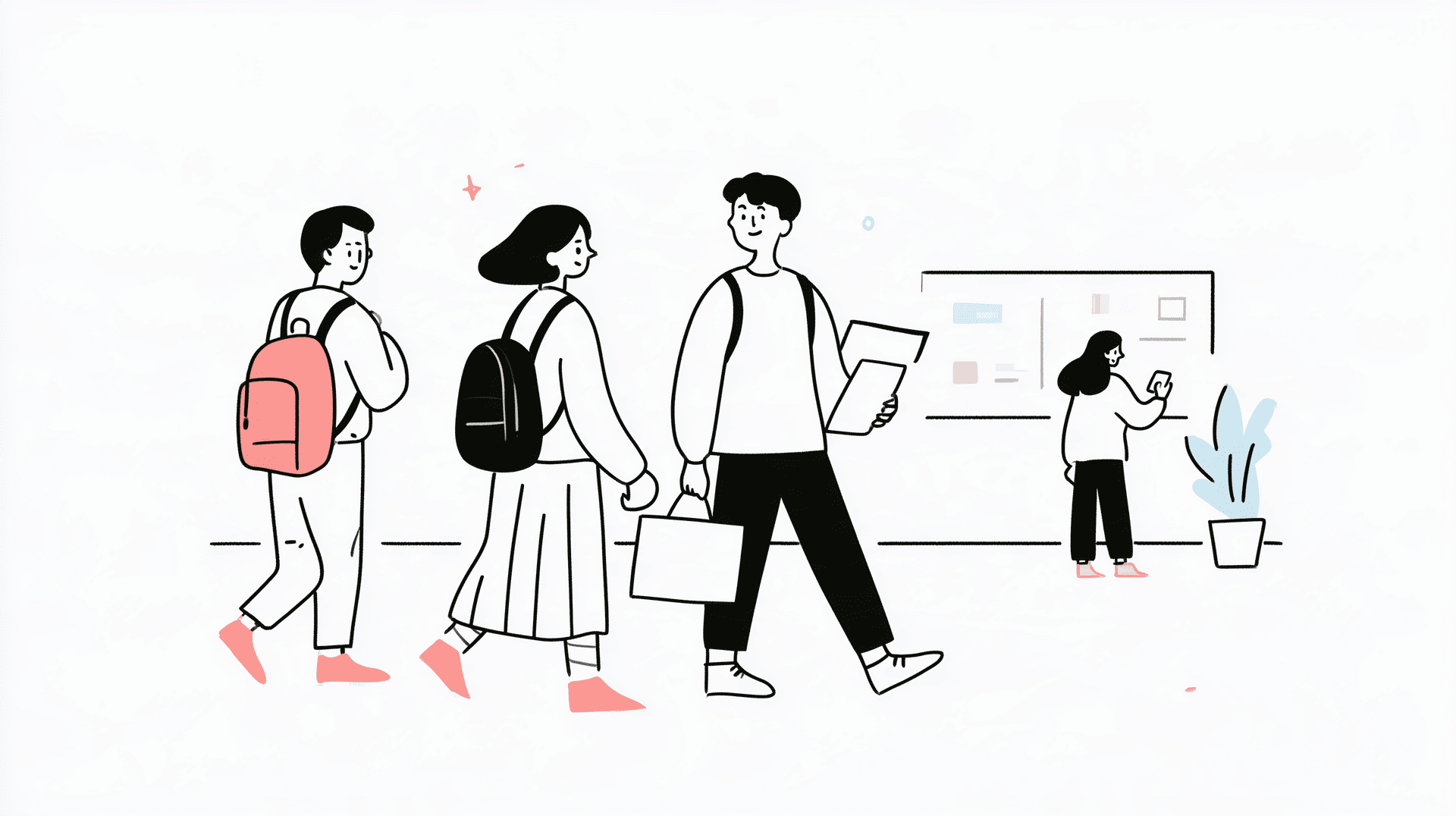 Illustrazione editoriale a linee: ingresso di una scuola con zaini e organizer per telefoni, tono calmo, senza sequestro teatrale.