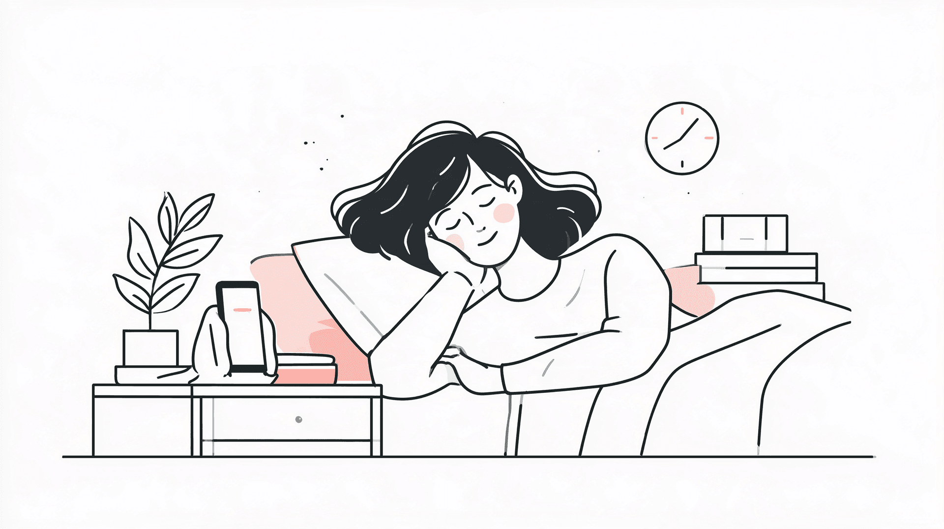 Illustrazione editoriale a linee: una persona dorme nel letto, telefono sul comodino e pianta accanto.